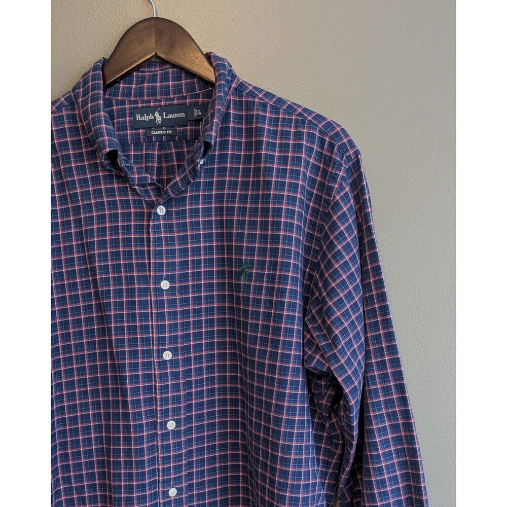 Ralph Lauren Mens Large L Blue Red Plaid Long Sleeve Button Down Dress Shirt